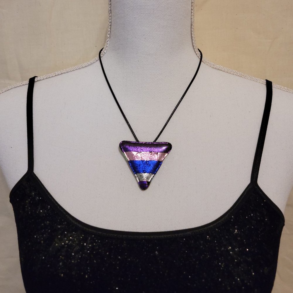 Fused Dichroic Glass Pendant on Black Leather Cord - Triangle